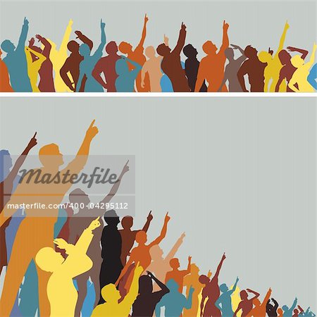 Two colorful editable vector silhouettes of crowds pointing and looking upwards