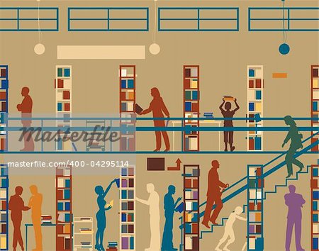 Editable vector silhouette of colorful people in a library