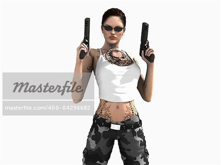3d illustration of a soldier girl holding two guns