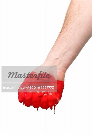 Red painted fist isolated on white background