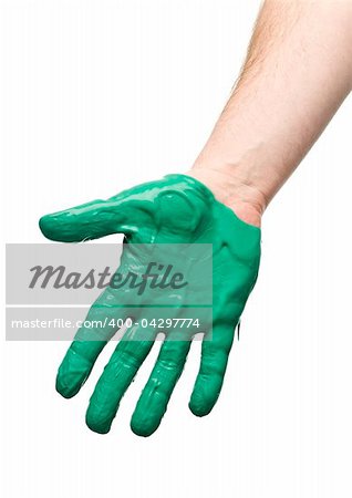 Green painted hand isolated on white background