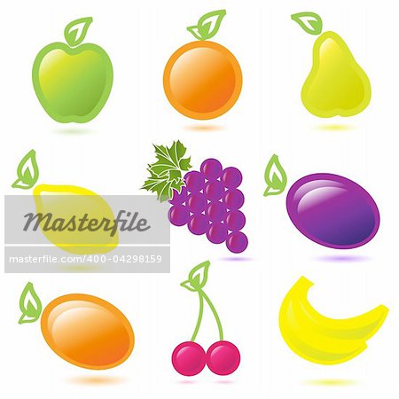 Illustration, nine miscellaneous fruit on white background