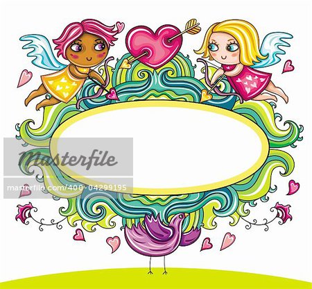 Valentine's day funny, floral framework, with cute little angels or cupids, flying around floral pattern, with space for your text inside. Isolated on white background. Happy Valentines Day!