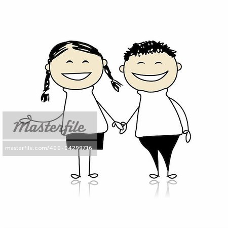 Funny couple laugh - boy and girl together, illustration for your design