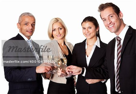 Business team celebrating success. Isolated on white