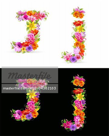 J, vector colorful flower font on white and black background.