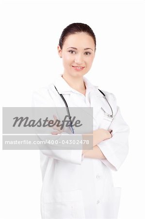 woman doctor in uniform stay over white background