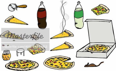 Cartoon illustrations of multiple isolated pizza related elements for any use.