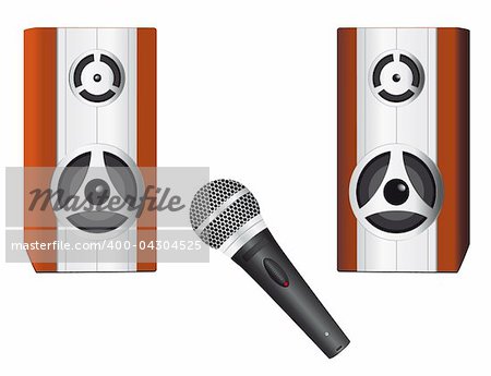 A set of speakers and microphone. Vector illustration. Vector art in Adobe illustrator EPS format, compressed in a zip file. The different graphics are all on separate layers so they can easily be moved or edited individually. The document can be scaled to any size without loss of quality.