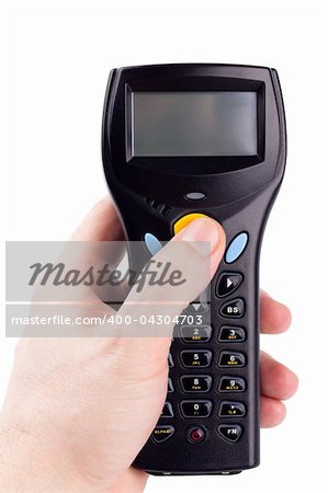 Electronic bar code reader (scanner) in man hand isolated on white background
