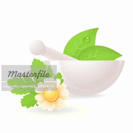 Mortar with herbs and chamomile.  Alternative medicine, vector EPS 10