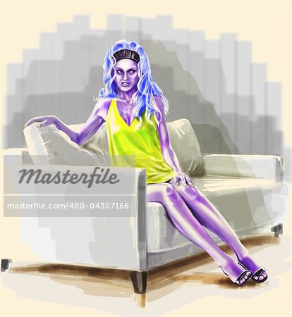 Purple lady with blue hair sitting on sofa and looking away.