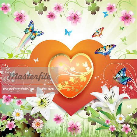 Big heart, and butterflies over springtime background for Valentine's day