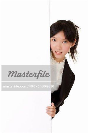 White blank board holding by young business woman.