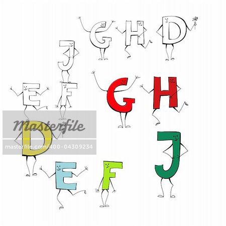 Set of cartoon style letters E, F, J, G, H, D Set of cartoon style letters E, F, J, G, H, D