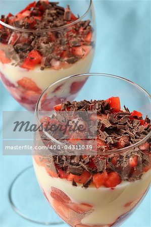 Strawberry and chocolate dessert with vanilla custard