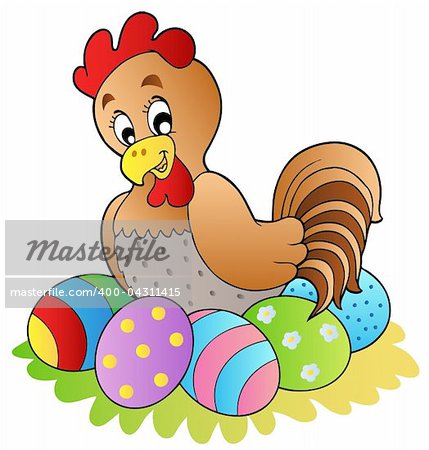 Cartoon hen with Easter eggs - vector illustration.
