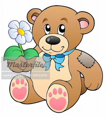 Cute teddy bear with flower - vector illustration.