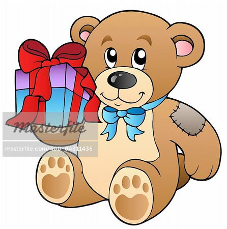 Cute teddy bear with gift - vector illustration.