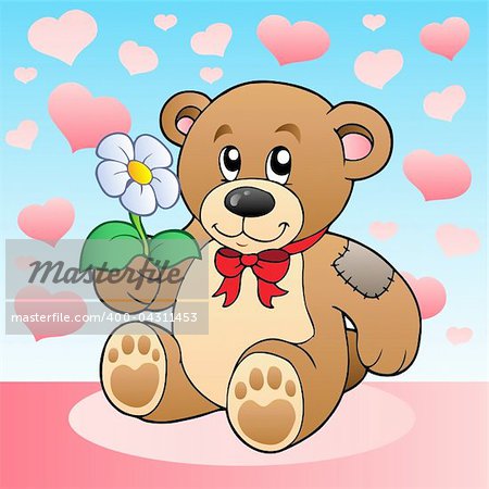 Teddy bear with flower and hearts - vector illustration.