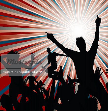 Dancing people with sunburst background