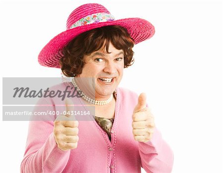 Funny image of a man, dressed as a woman, giving two thumbs up.  Isolated on white.