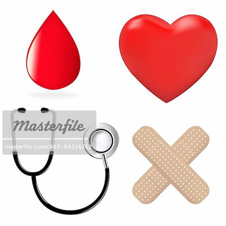 4 Medical Icons, Stethoscope, Plaster, Heart And Drop Of Blood,  Isolated On White Background, Vector Illustration