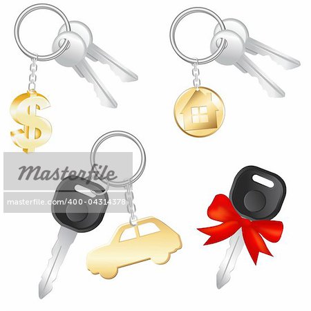 Set Of Keys With Charm In Form Of Dollar, Car And House, Isolated On White Background, Vector Illustration