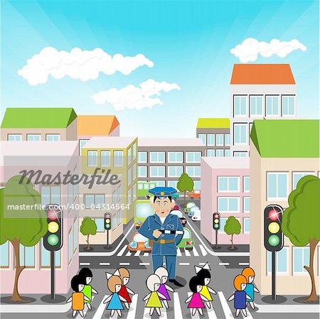 illustration, town street and children on pedestrian crossing