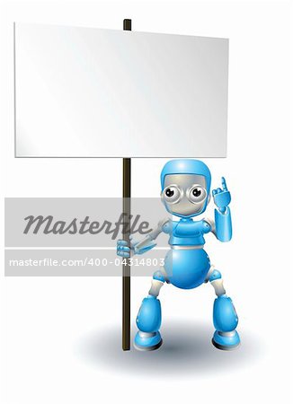 A cute blue robot character holding up a sign and pointing to it