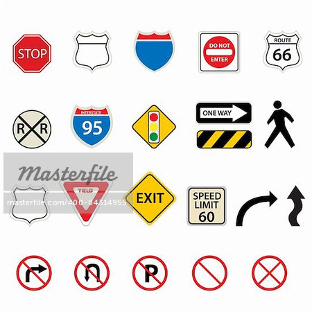 Various traffic and road signs