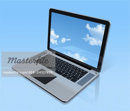 3D laptop computer with sky screen. isolated on blue with clipping path