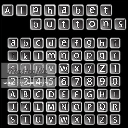 alphabet buttons collection against black background, abstract vector art illustration