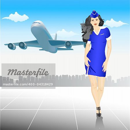 beautiful Stewardess at the airport - vector illustration