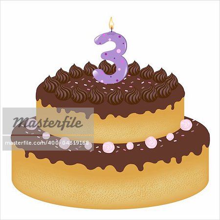 Birthday Cake With Candles With Number Three, Isolated On White Background, Vector Illustration