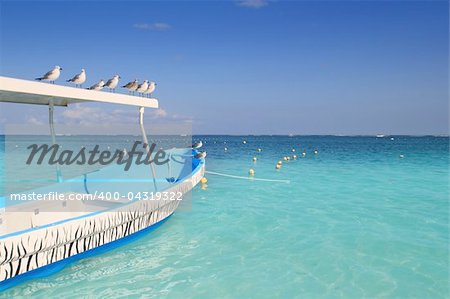 blue boat seagulls Caribbean in  turquoise sea