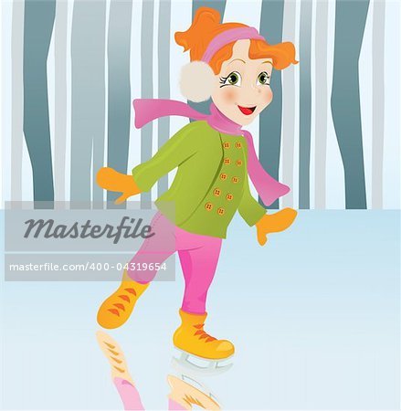Ice skating girl. Small girl with big smile on ice. Vector cartoon illustration.