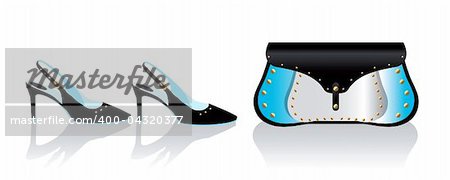 Black stiletto summer shoes and bag, vector fashion illustration, classic elegant glamour woman accessories