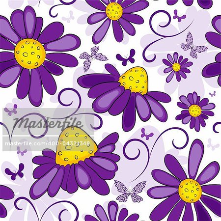 Floral seamless white-violet pattern with flowers and butterflies (vector)