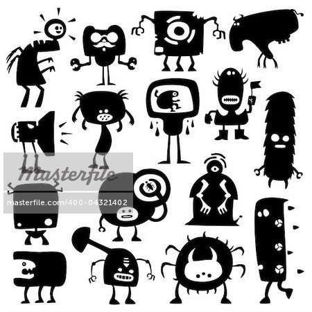 Collection of cartoon funny monsters silhouettes