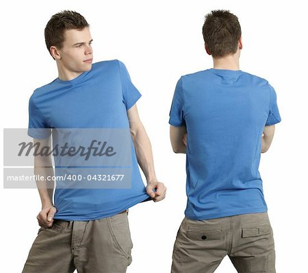 Young male with blank blue t-shirt, front and back. Ready for your design or logo.