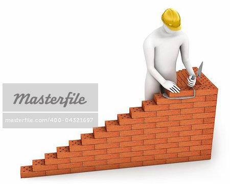 Abstract builder places a brick isolated on white background
