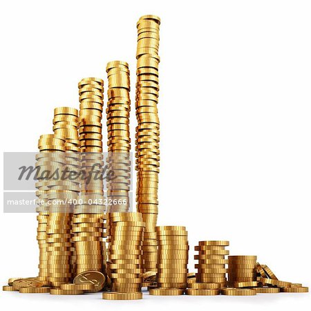 twisted diagram of golden coins isolated on white. with clipping path.