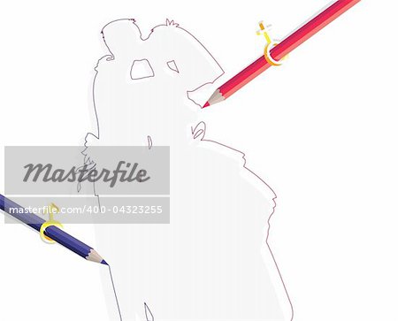 Pencils with sex symbols drawing wedding couple,line art illustration