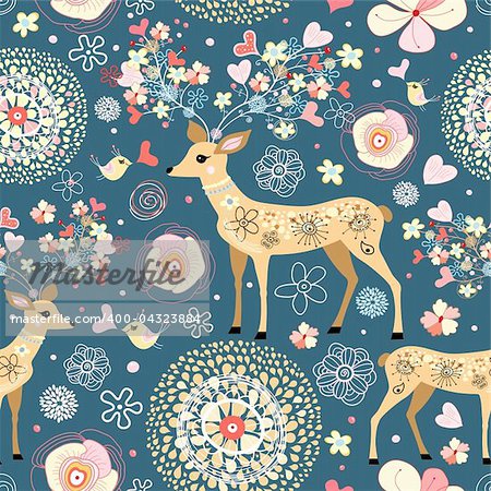 seamless color pattern with fabulous deer and flowers and hearts on a blue background