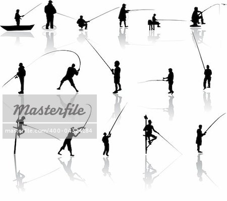Set of Fisherman vector silhouettes black on white