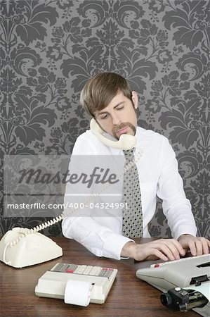 retro mustache multitask businessman office desk on vintage wallpaper