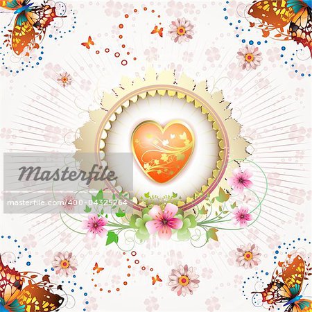 Valentine's day card. Heart and butterflies over springtime background