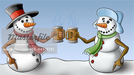 two snowmen drinking and smiley to each other