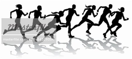 Silhouette of a group of runners racing with reflections